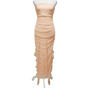 Strapless Peach Lace Midi Dress With Ruched Details & Ruffle Hem Size S